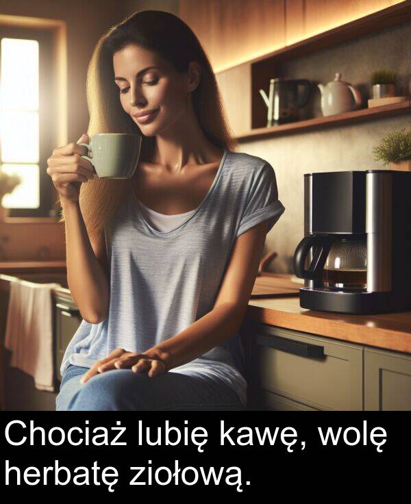 kawę: Chociaż lubię kawę, wolę herbatę ziołową.