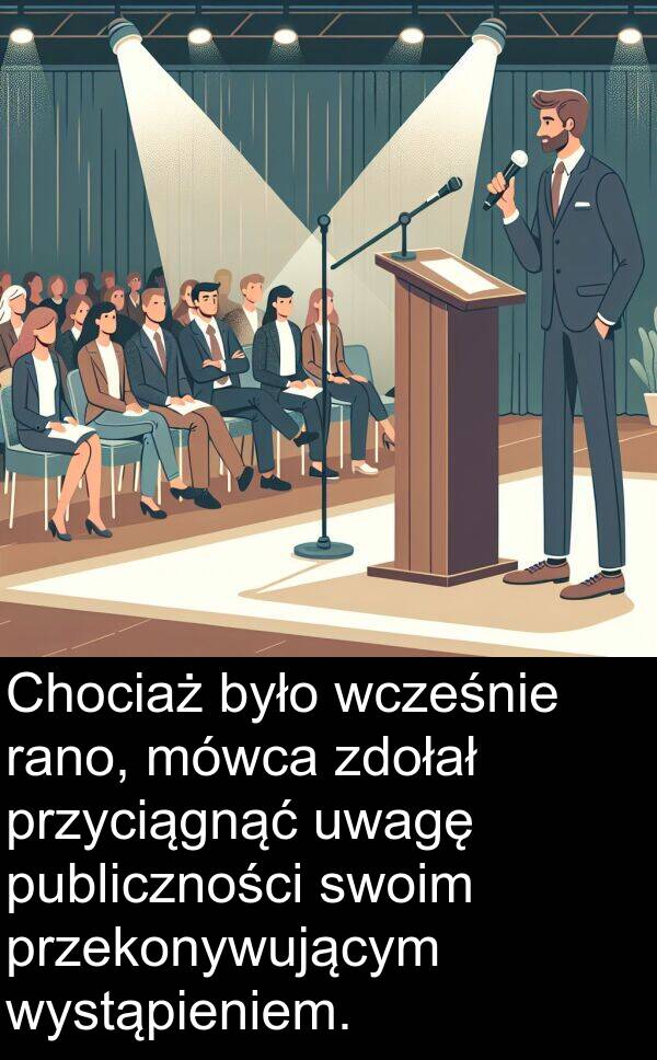 publiczności: Chociaż było wcześnie rano, mówca zdołał przyciągnąć uwagę publiczności swoim przekonywującym wystąpieniem.