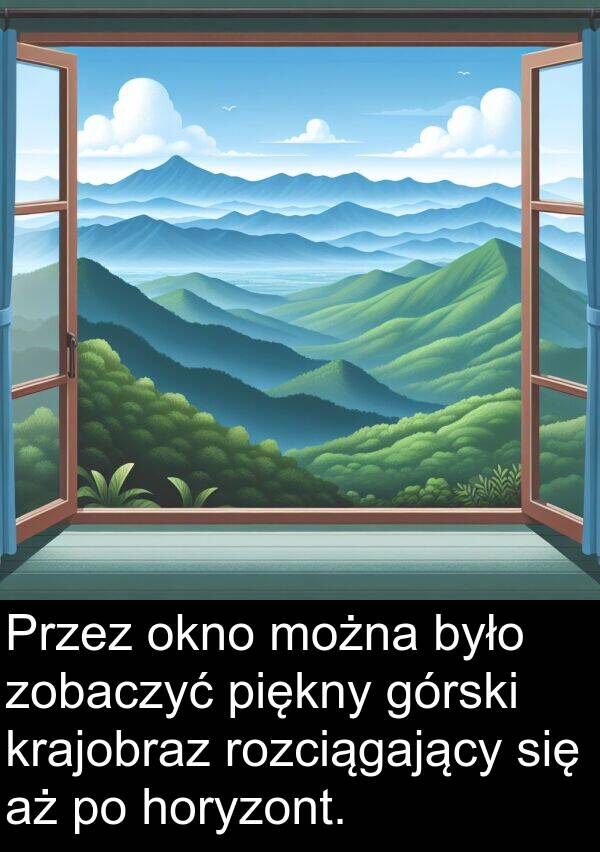 zobaczyć: Przez okno można było zobaczyć piękny górski krajobraz rozciągający się aż po horyzont.