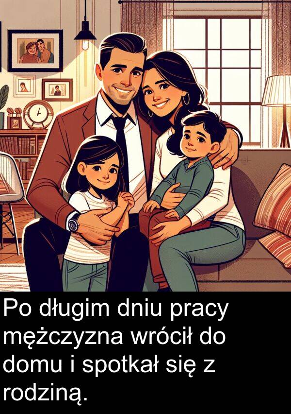 pracy: Po długim dniu pracy mężczyzna wrócił do domu i spotkał się z rodziną.