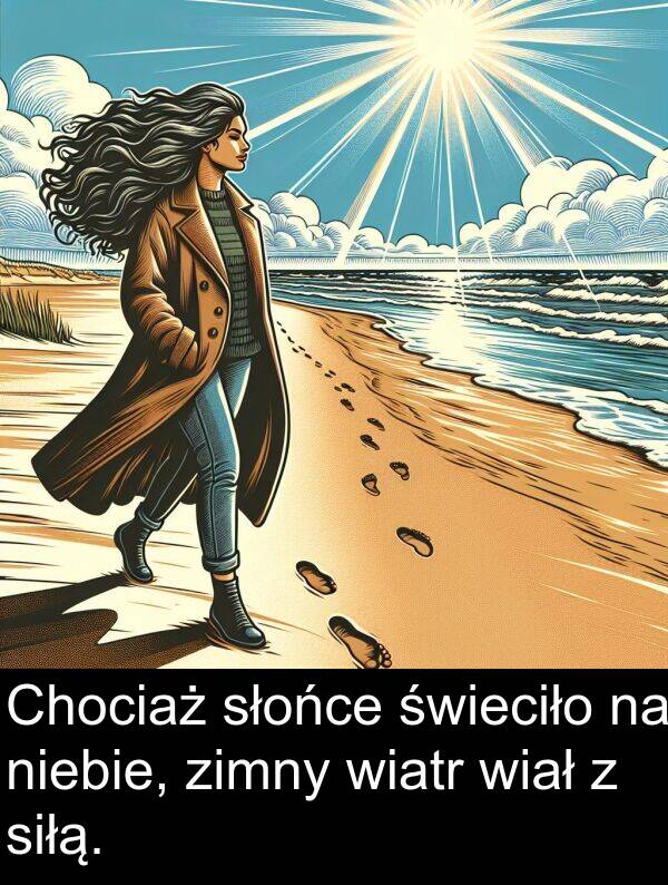 zimny: Chociaż słońce świeciło na niebie, zimny wiatr wiał z siłą.