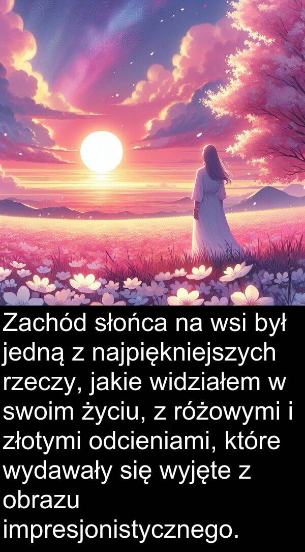 złotymi: Zachód słońca na wsi był jedną z najpiękniejszych rzeczy, jakie widziałem w swoim życiu, z różowymi i złotymi odcieniami, które wydawały się wyjęte z obrazu impresjonistycznego.