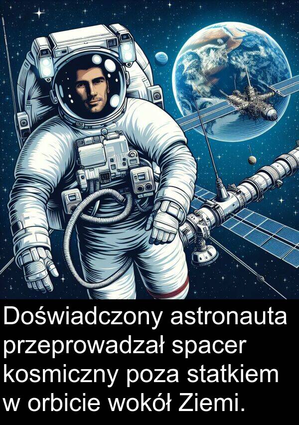 przeprowadzał: Doświadczony astronauta przeprowadzał spacer kosmiczny poza statkiem w orbicie wokół Ziemi.