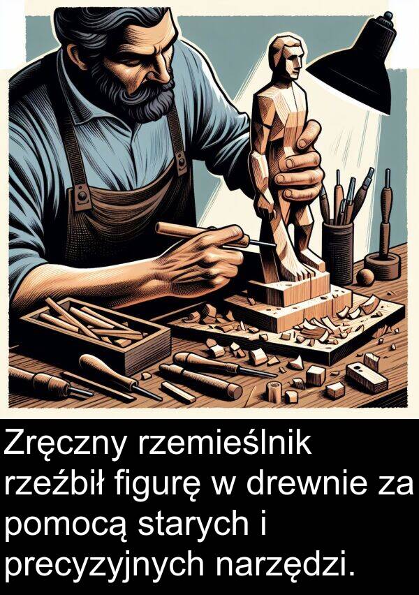 precyzyjnych: Zręczny rzemieślnik rzeźbił figurę w drewnie za pomocą starych i precyzyjnych narzędzi.