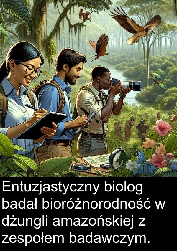 zespołem: Entuzjastyczny biolog badał bioróżnorodność w dżungli amazońskiej z zespołem badawczym.