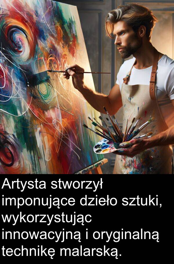 wykorzystując: Artysta stworzył imponujące dzieło sztuki, wykorzystując innowacyjną i oryginalną technikę malarską.