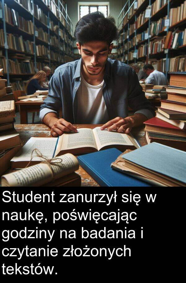 złożonych: Student zanurzył się w naukę, poświęcając godziny na badania i czytanie złożonych tekstów.