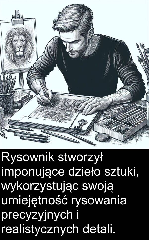 precyzyjnych: Rysownik stworzył imponujące dzieło sztuki, wykorzystując swoją umiejętność rysowania precyzyjnych i realistycznych detali.