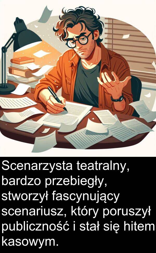 przebiegły: Scenarzysta teatralny, bardzo przebiegły, stworzył fascynujący scenariusz, który poruszył publiczność i stał się hitem kasowym.