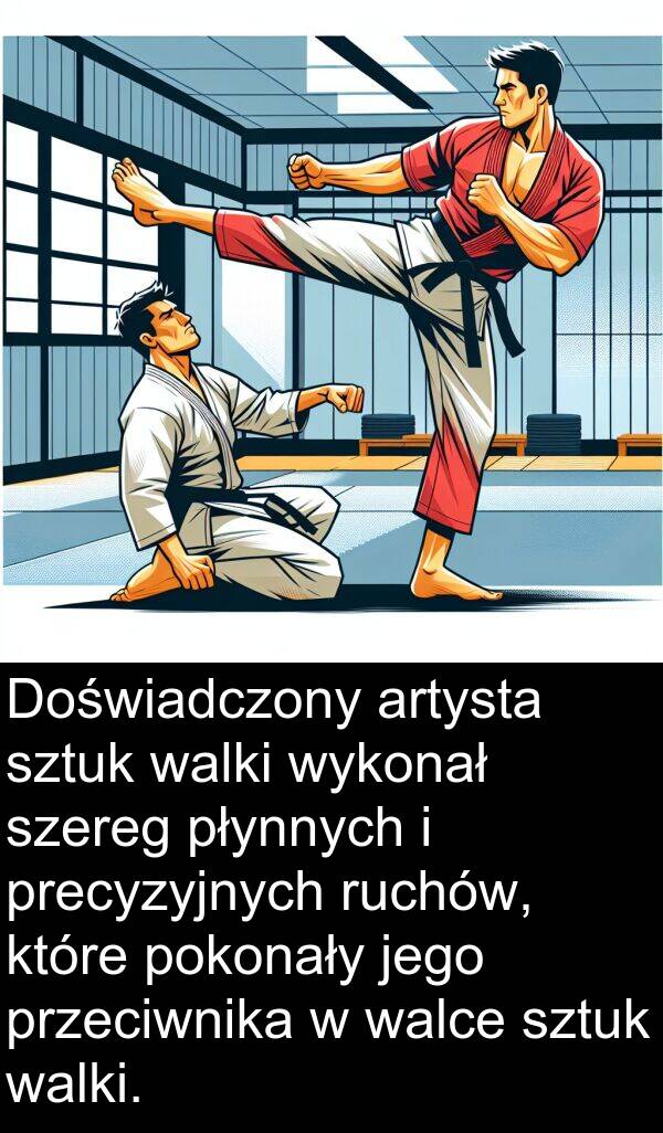 płynnych: Doświadczony artysta sztuk walki wykonał szereg płynnych i precyzyjnych ruchów, które pokonały jego przeciwnika w walce sztuk walki.