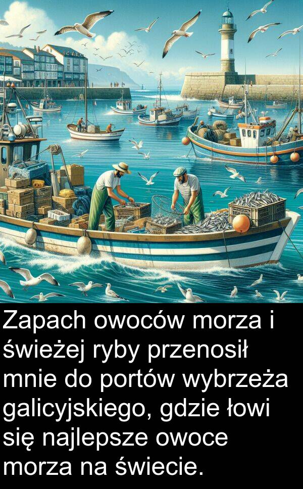 przenosił: Zapach owoców morza i świeżej ryby przenosił mnie do portów wybrzeża galicyjskiego, gdzie łowi się najlepsze owoce morza na świecie.