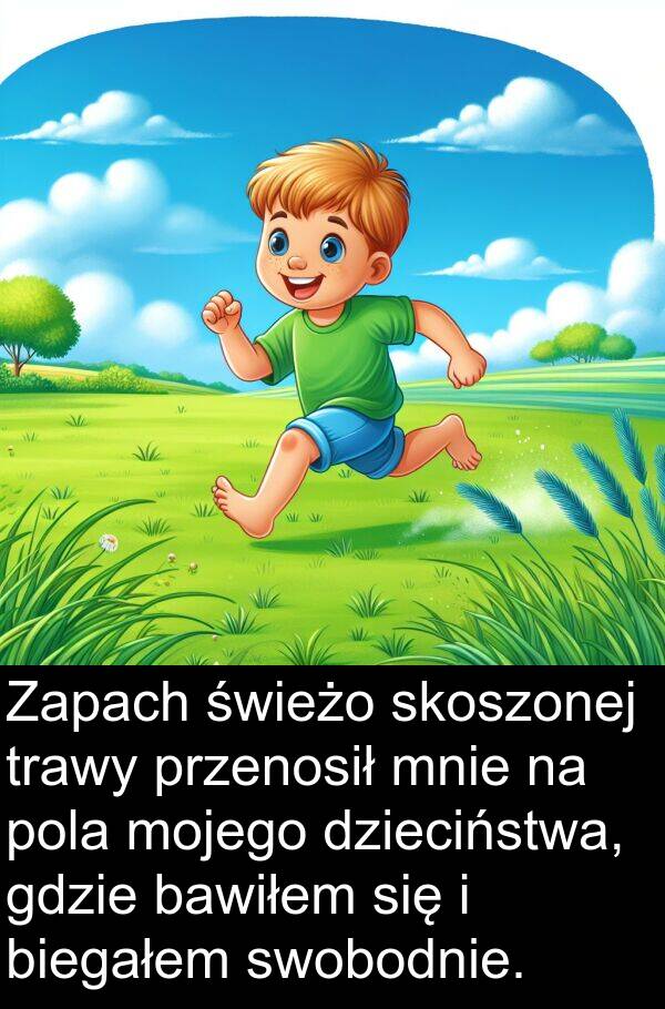 przenosił: Zapach świeżo skoszonej trawy przenosił mnie na pola mojego dzieciństwa, gdzie bawiłem się i biegałem swobodnie.