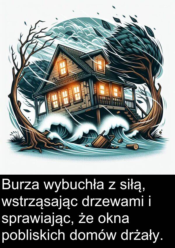 wstrząsając: Burza wybuchła z siłą, wstrząsając drzewami i sprawiając, że okna pobliskich domów drżały.