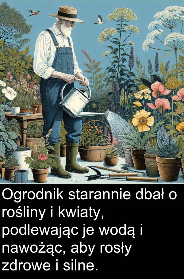 zdrowe: Ogrodnik starannie dbał o rośliny i kwiaty, podlewając je wodą i nawożąc, aby rosły zdrowe i silne.