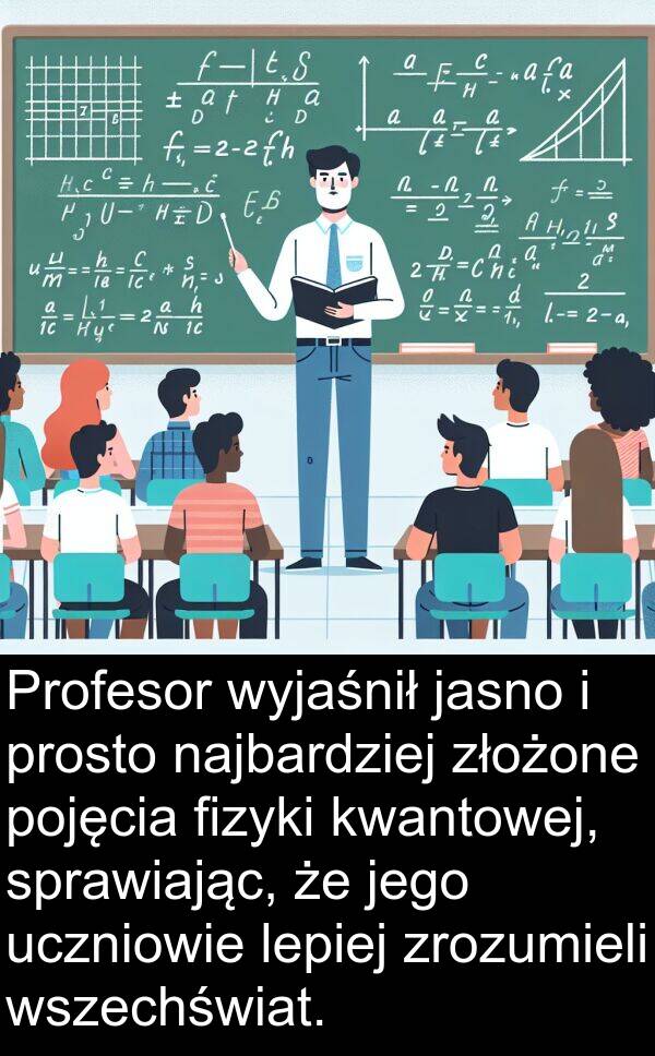 złożone: Profesor wyjaśnił jasno i prosto najbardziej złożone pojęcia fizyki kwantowej, sprawiając, że jego uczniowie lepiej zrozumieli wszechświat.