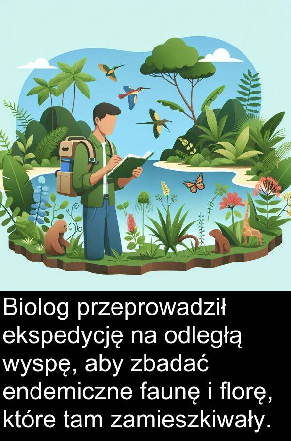 przeprowadził: Biolog przeprowadził ekspedycję na odległą wyspę, aby zbadać endemiczne faunę i florę, które tam zamieszkiwały.
