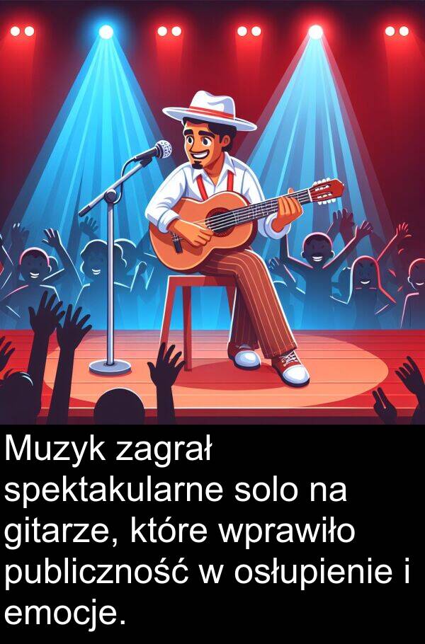 publiczność: Muzyk zagrał spektakularne solo na gitarze, które wprawiło publiczność w osłupienie i emocje.