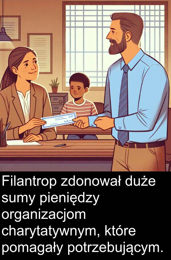 pieniędzy: Filantrop zdonował duże sumy pieniędzy organizacjom charytatywnym, które pomagały potrzebującym.