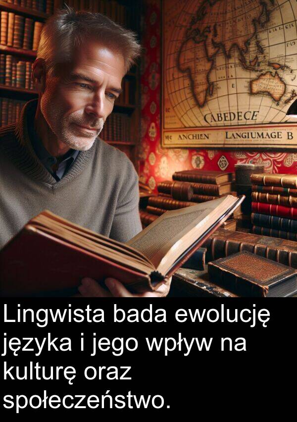 bada: Lingwista bada ewolucję języka i jego wpływ na kulturę oraz społeczeństwo.