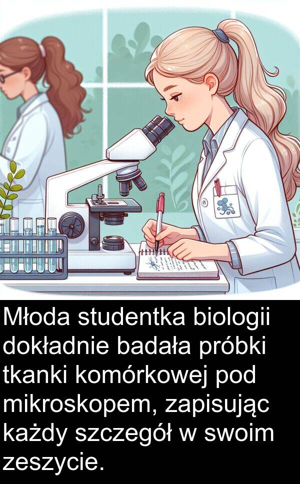 próbki: Młoda studentka biologii dokładnie badała próbki tkanki komórkowej pod mikroskopem, zapisując każdy szczegół w swoim zeszycie.
