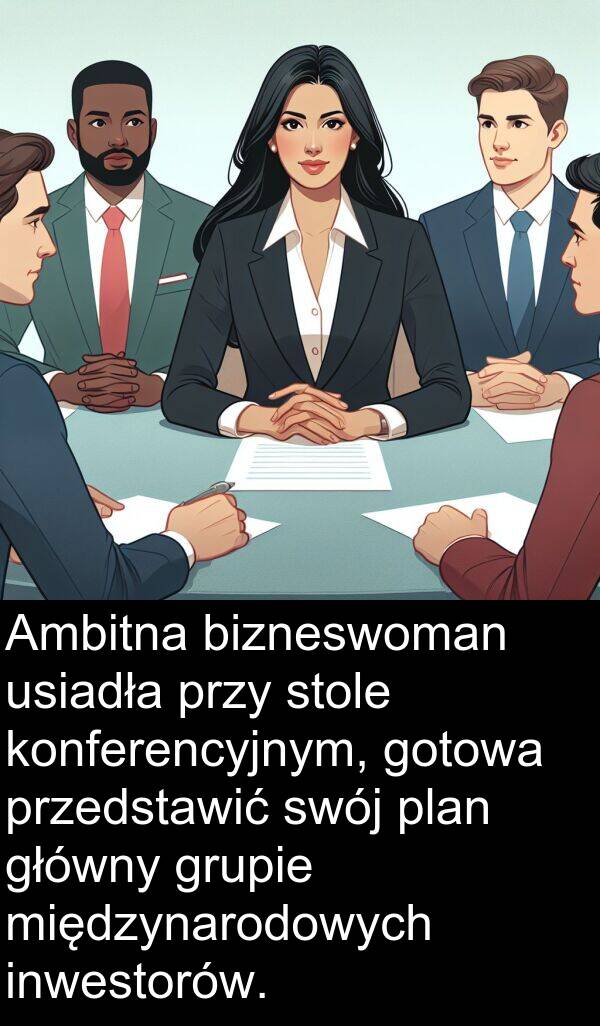 przedstawić: Ambitna bizneswoman usiadła przy stole konferencyjnym, gotowa przedstawić swój plan główny grupie międzynarodowych inwestorów.
