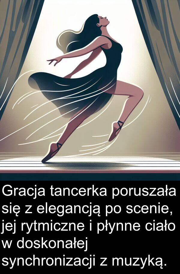 scenie: Gracja tancerka poruszała się z elegancją po scenie, jej rytmiczne i płynne ciało w doskonałej synchronizacji z muzyką.