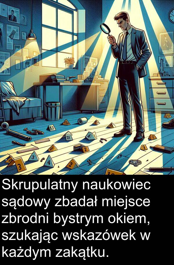 zbadał: Skrupulatny naukowiec sądowy zbadał miejsce zbrodni bystrym okiem, szukając wskazówek w każdym zakątku.