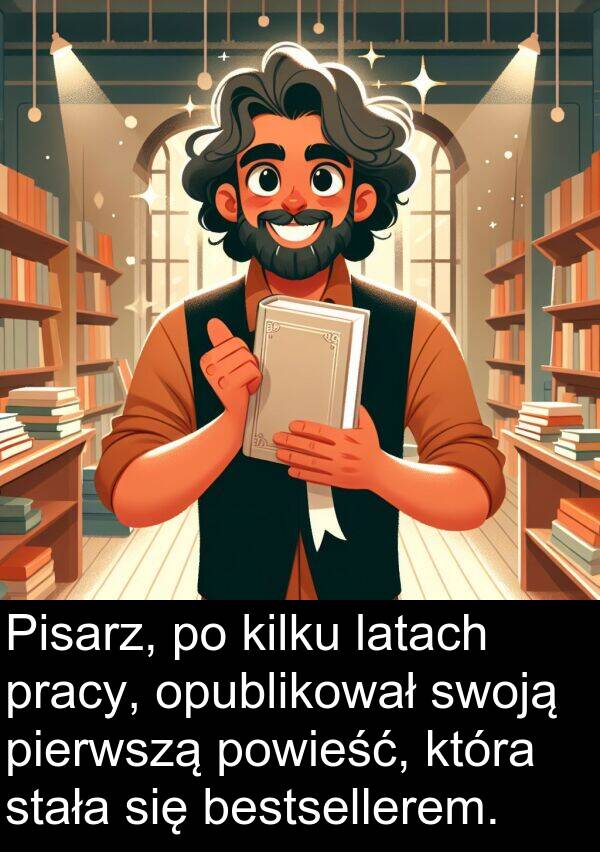 pierwszą: Pisarz, po kilku latach pracy, opublikował swoją pierwszą powieść, która stała się bestsellerem.