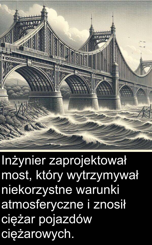 znosił: Inżynier zaprojektował most, który wytrzymywał niekorzystne warunki atmosferyczne i znosił ciężar pojazdów ciężarowych.
