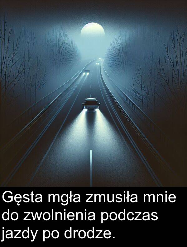 zwolnienia: Gęsta mgła zmusiła mnie do zwolnienia podczas jazdy po drodze.