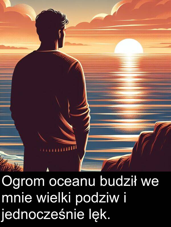 jednocześnie: Ogrom oceanu budził we mnie wielki podziw i jednocześnie lęk.