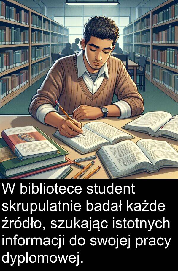 pracy: W bibliotece student skrupulatnie badał każde źródło, szukając istotnych informacji do swojej pracy dyplomowej.