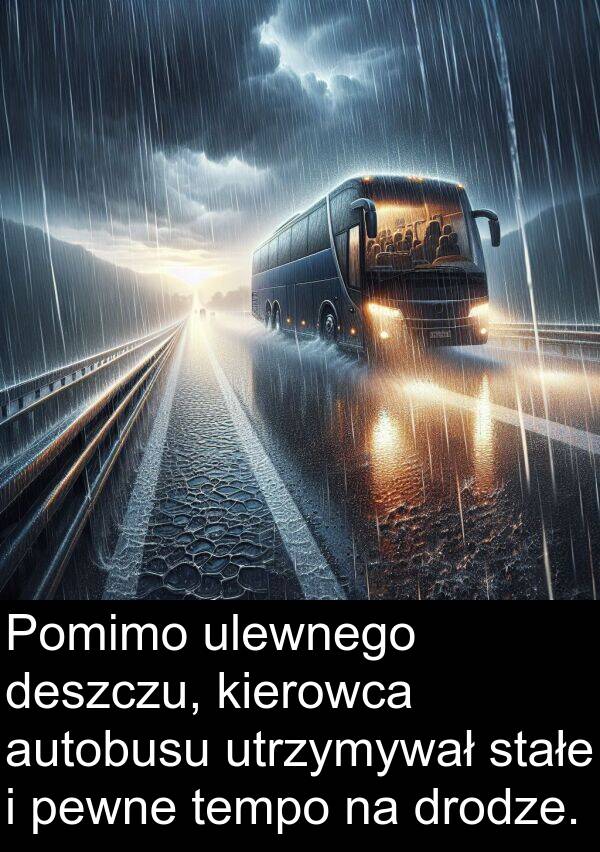 autobusu: Pomimo ulewnego deszczu, kierowca autobusu utrzymywał stałe i pewne tempo na drodze.