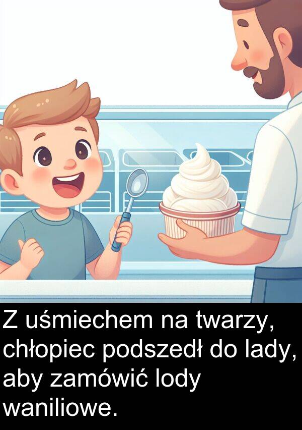 waniliowe: Z uśmiechem na twarzy, chłopiec podszedł do lady, aby zamówić lody waniliowe.