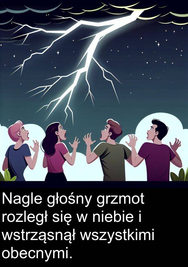 wstrząsnął: Nagle głośny grzmot rozległ się w niebie i wstrząsnął wszystkimi obecnymi.