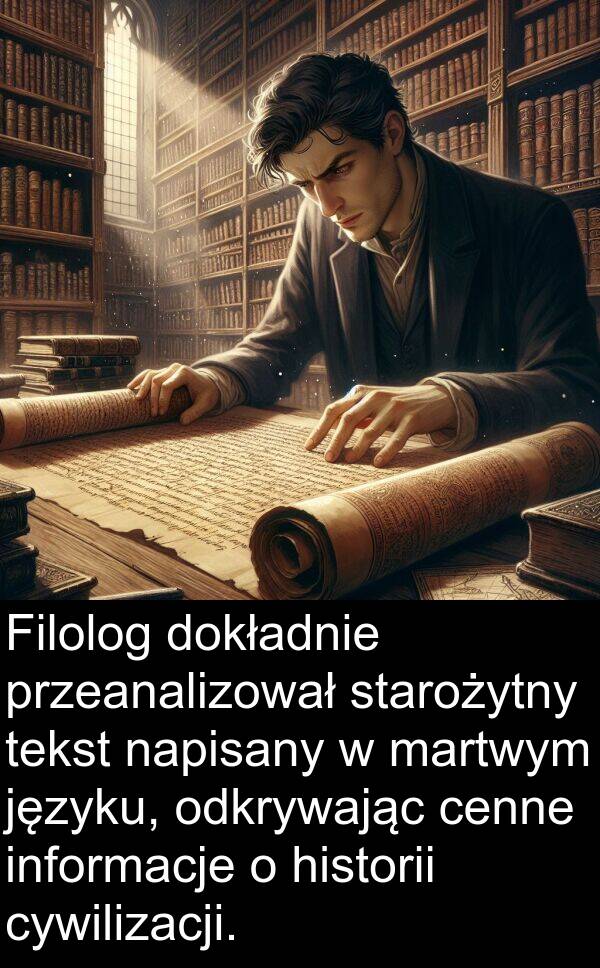 przeanalizował: Filolog dokładnie przeanalizował starożytny tekst napisany w martwym języku, odkrywając cenne informacje o historii cywilizacji.