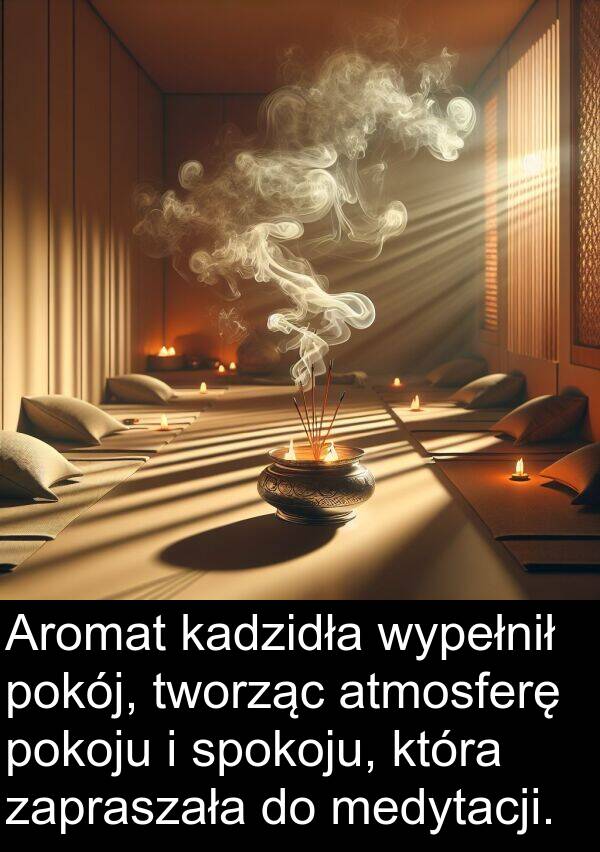 wypełnił: Aromat kadzidła wypełnił pokój, tworząc atmosferę pokoju i spokoju, która zapraszała do medytacji.
