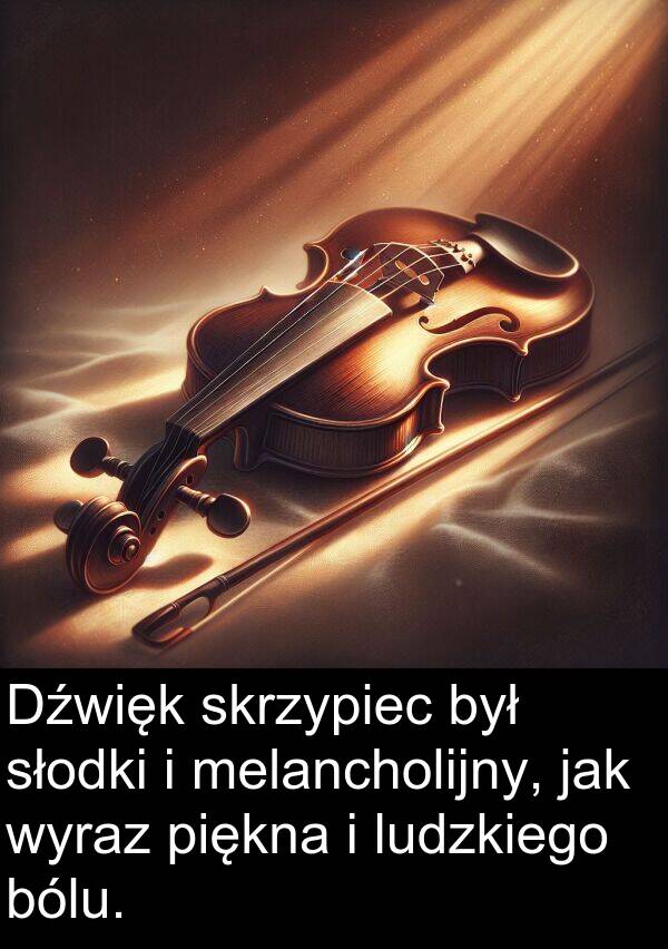 piękna: Dźwięk skrzypiec był słodki i melancholijny, jak wyraz piękna i ludzkiego bólu.