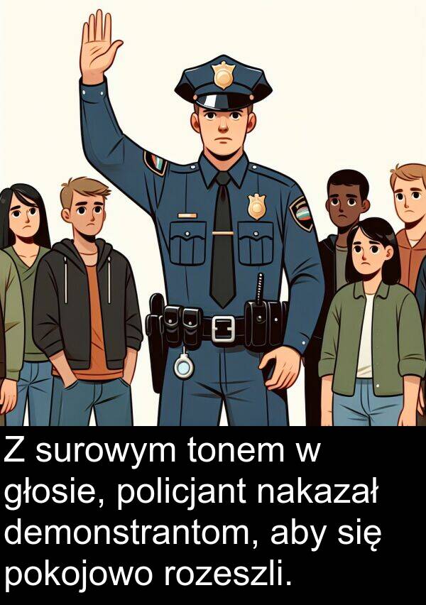 tonem: Z surowym tonem w głosie, policjant nakazał demonstrantom, aby się pokojowo rozeszli.