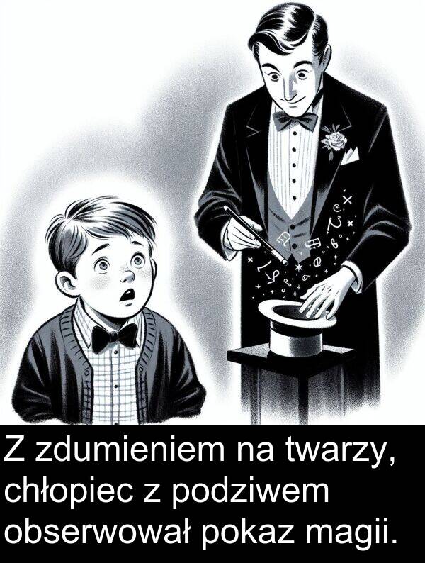 zdumieniem: Z zdumieniem na twarzy, chłopiec z podziwem obserwował pokaz magii.