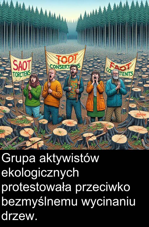 protestowała: Grupa aktywistów ekologicznych protestowała przeciwko bezmyślnemu wycinaniu drzew.