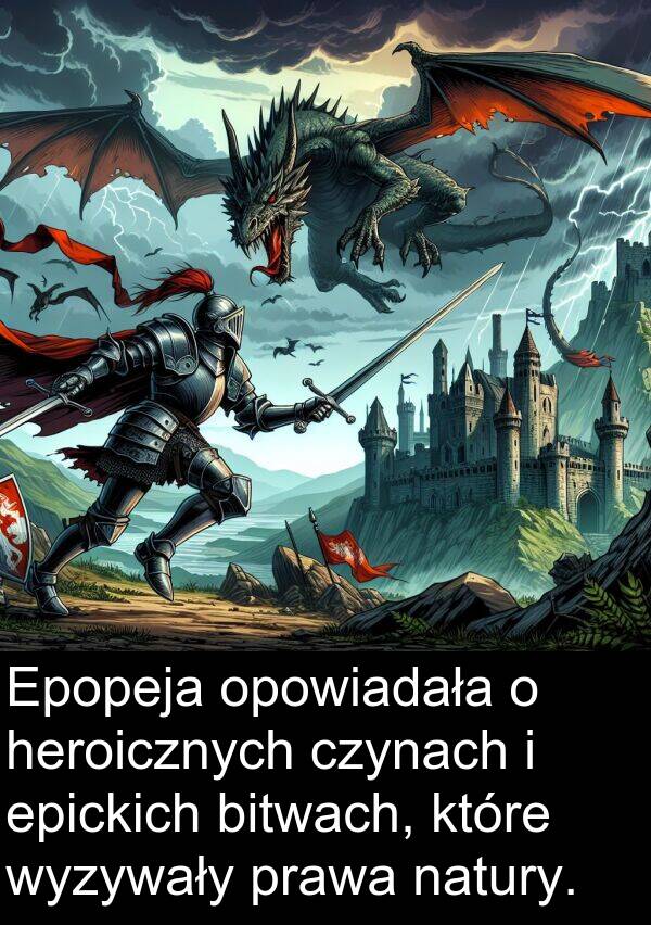 prawa: Epopeja opowiadała o heroicznych czynach i epickich bitwach, które wyzywały prawa natury.