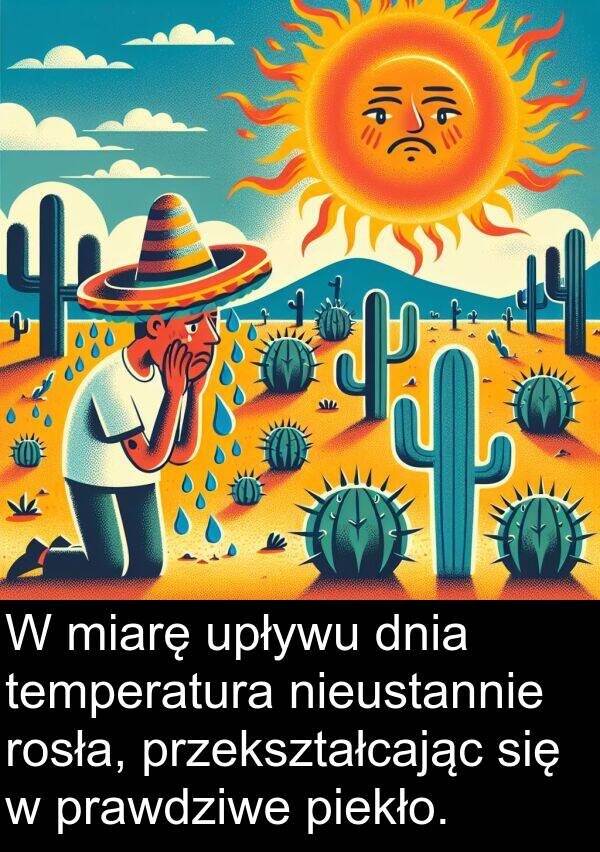 piekło: W miarę upływu dnia temperatura nieustannie rosła, przekształcając się w prawdziwe piekło.