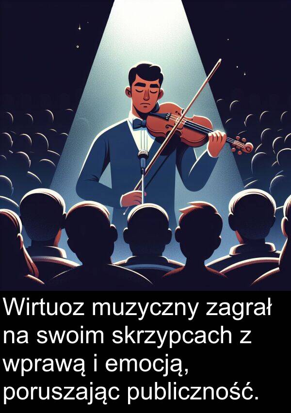 publiczność: Wirtuoz muzyczny zagrał na swoim skrzypcach z wprawą i emocją, poruszając publiczność.