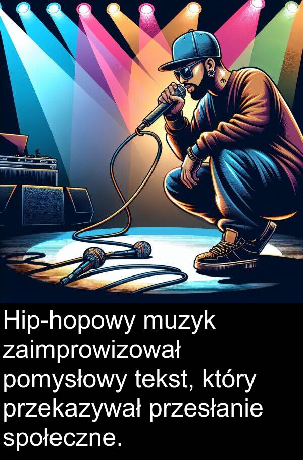 przekazywał: Hip-hopowy muzyk zaimprowizował pomysłowy tekst, który przekazywał przesłanie społeczne.