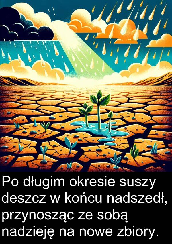 nadszedł: Po długim okresie suszy deszcz w końcu nadszedł, przynosząc ze sobą nadzieję na nowe zbiory.