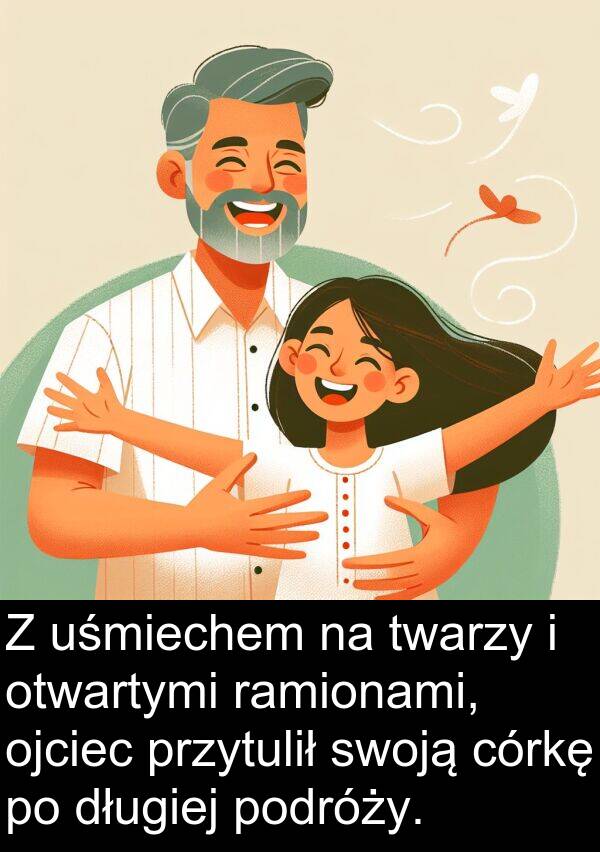 przytulił: Z uśmiechem na twarzy i otwartymi ramionami, ojciec przytulił swoją córkę po długiej podróży.