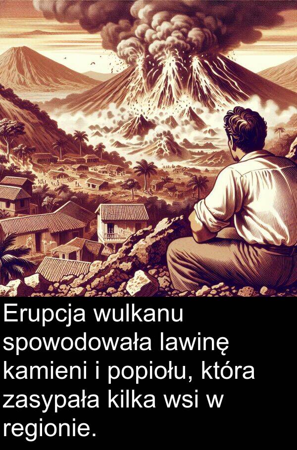 wulkanu: Erupcja wulkanu spowodowała lawinę kamieni i popiołu, która zasypała kilka wsi w regionie.