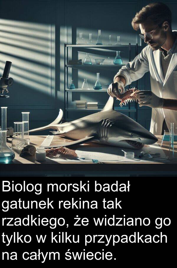 przypadkach: Biolog morski badał gatunek rekina tak rzadkiego, że widziano go tylko w kilku przypadkach na całym świecie.