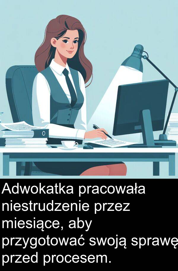 pracowała: Adwokatka pracowała niestrudzenie przez miesiące, aby przygotować swoją sprawę przed procesem.